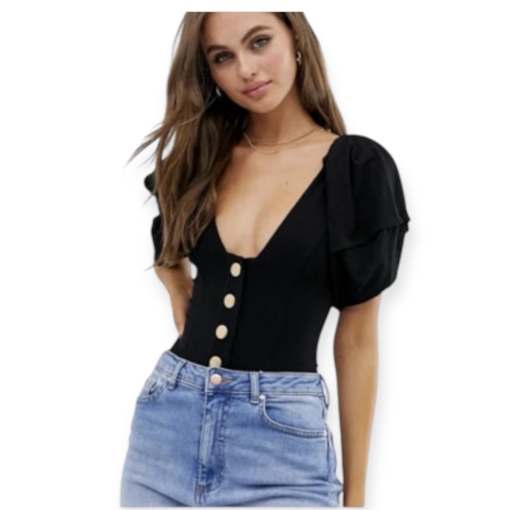 Free People Intimately Free NWOT Not So Basic Puff Sleeve Black Bodysuit Small